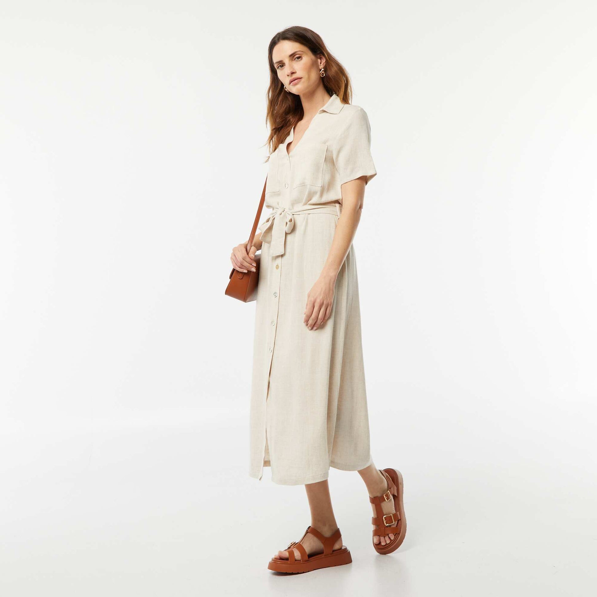 Robe longue à manches courtes en lin mélangé BLANC