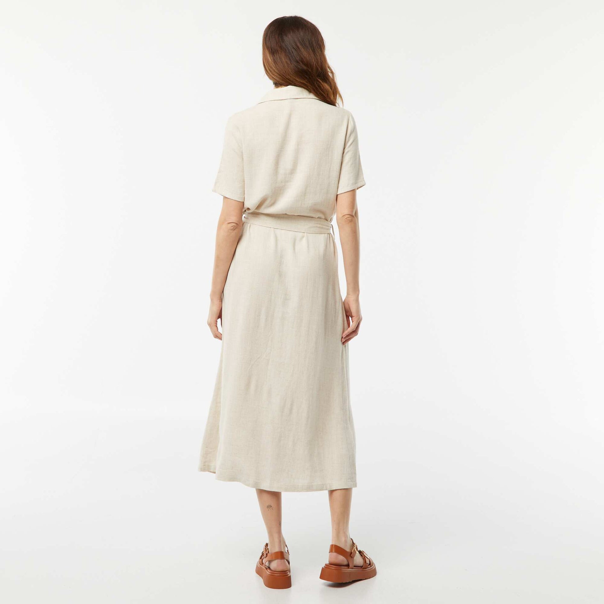 Robe longue à manches courtes en lin mélangé BLANC