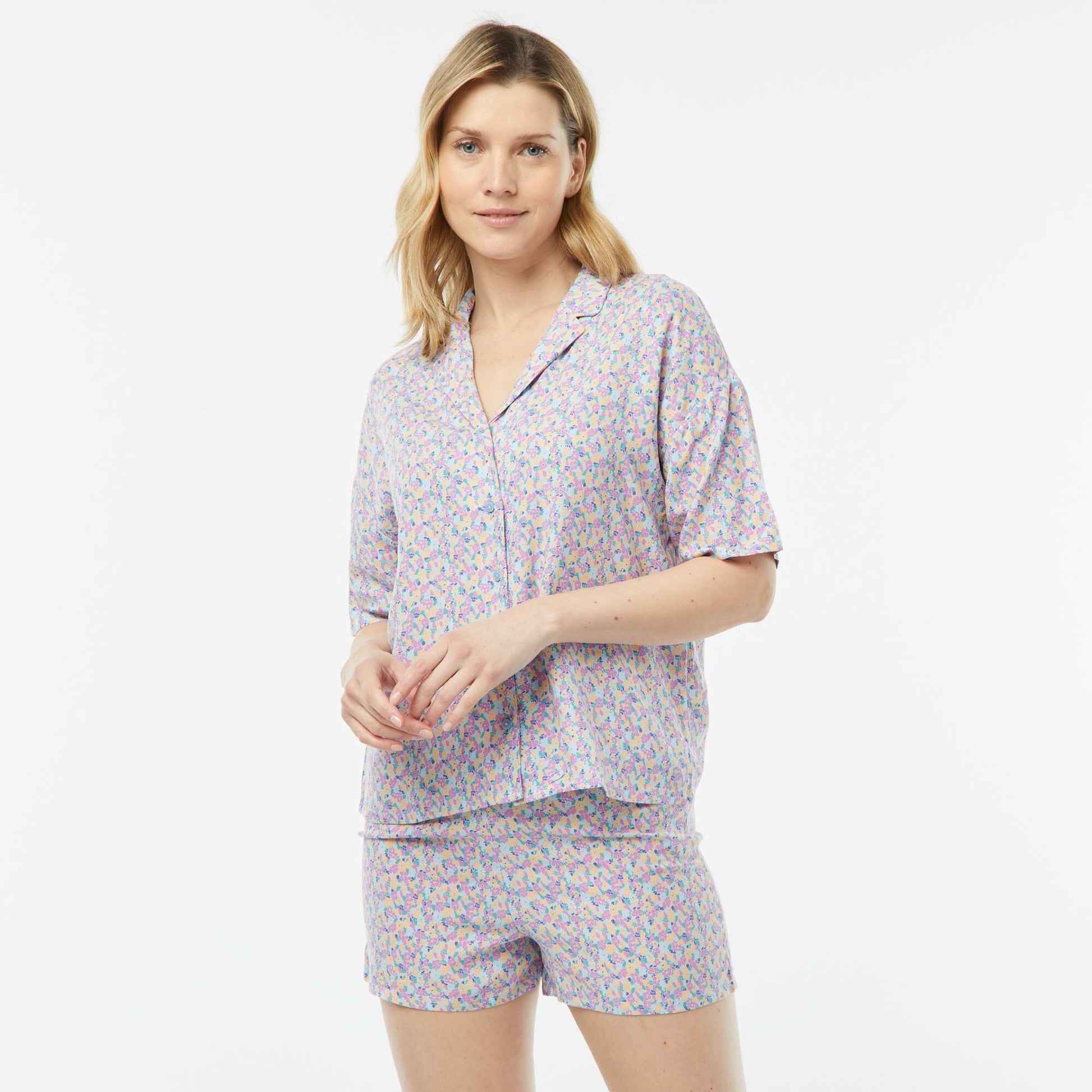 Pyjama short 2 pièces - chemisier + pantalon imprimé BLEU/VIOLET