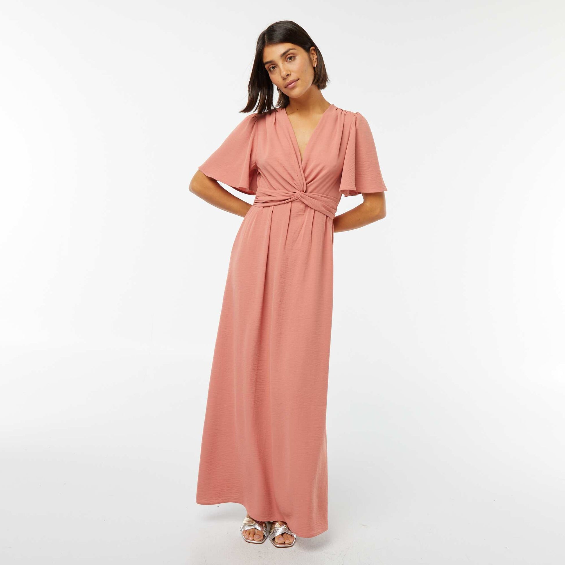 Robe longue avec col effet croisé et noué ROSE