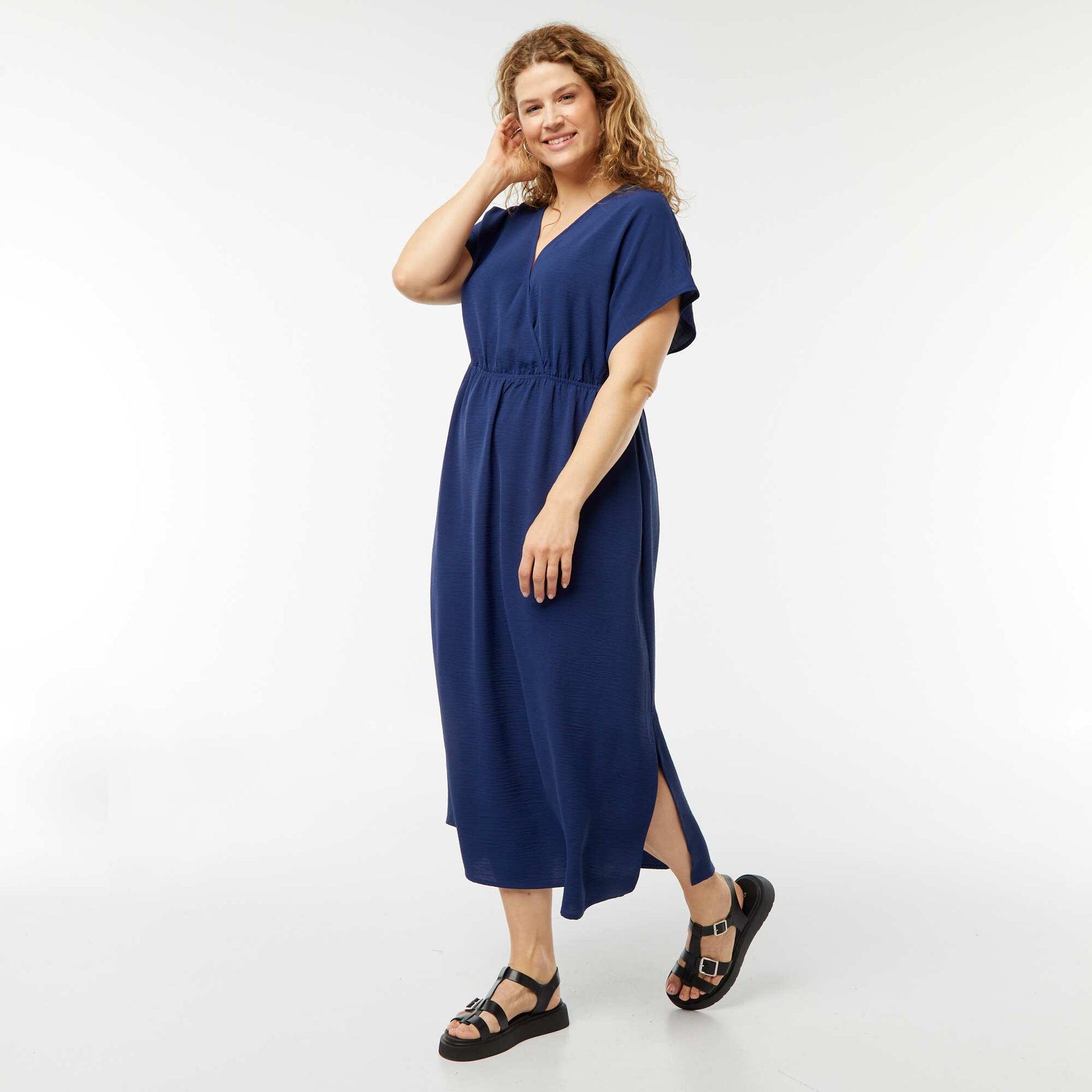 Robe longue en maille stretch et à manches courtes BLEU