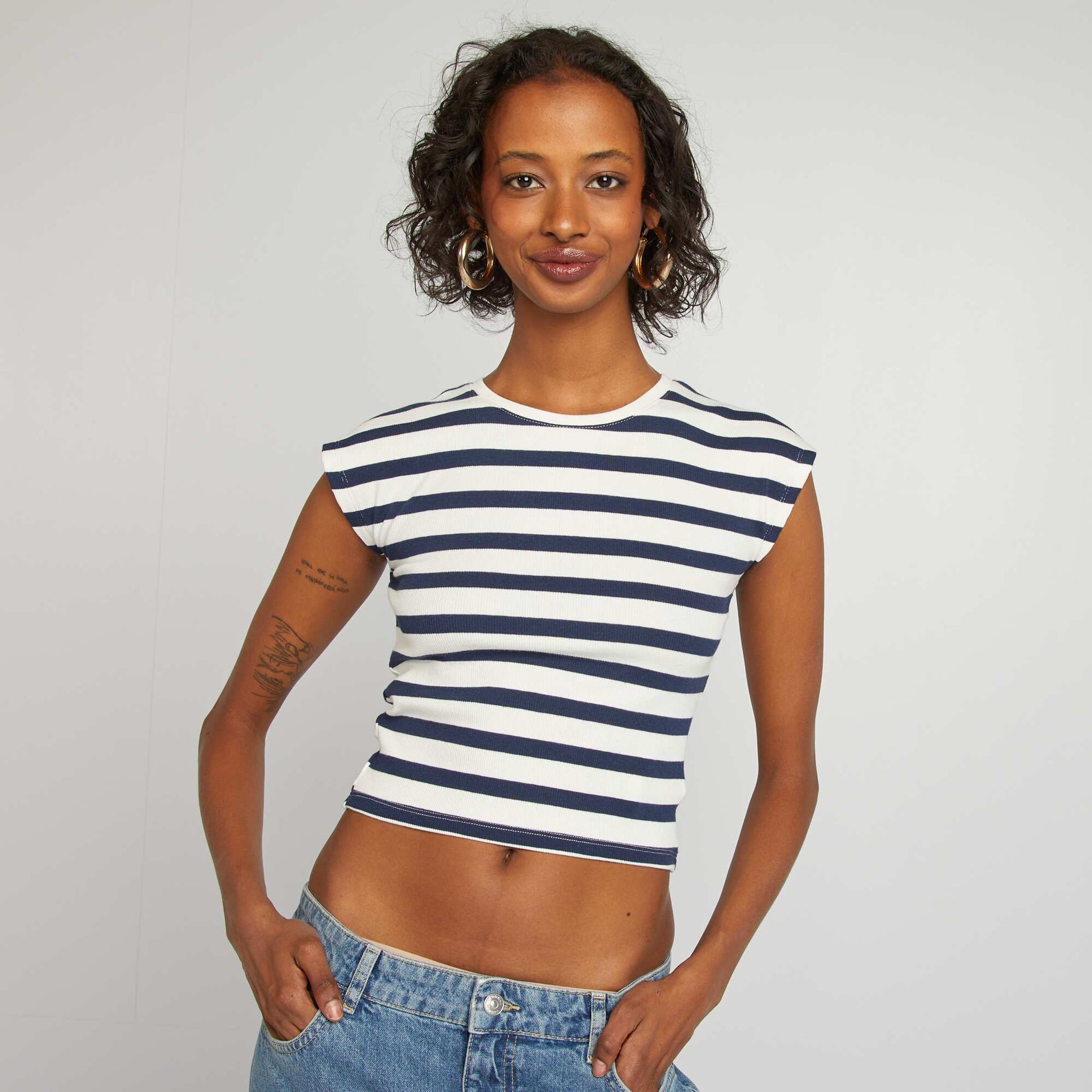 T-shirt crop top manches courtes BLANC/MARINE