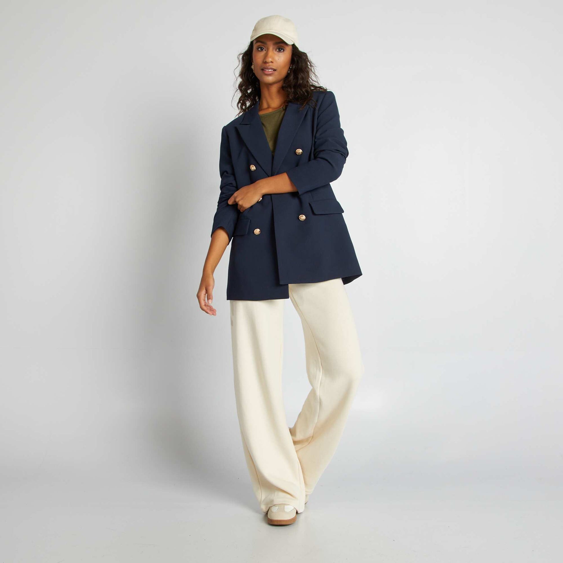 Veste tailleur mi-longue avec boutons fantaisies dorés Bleu