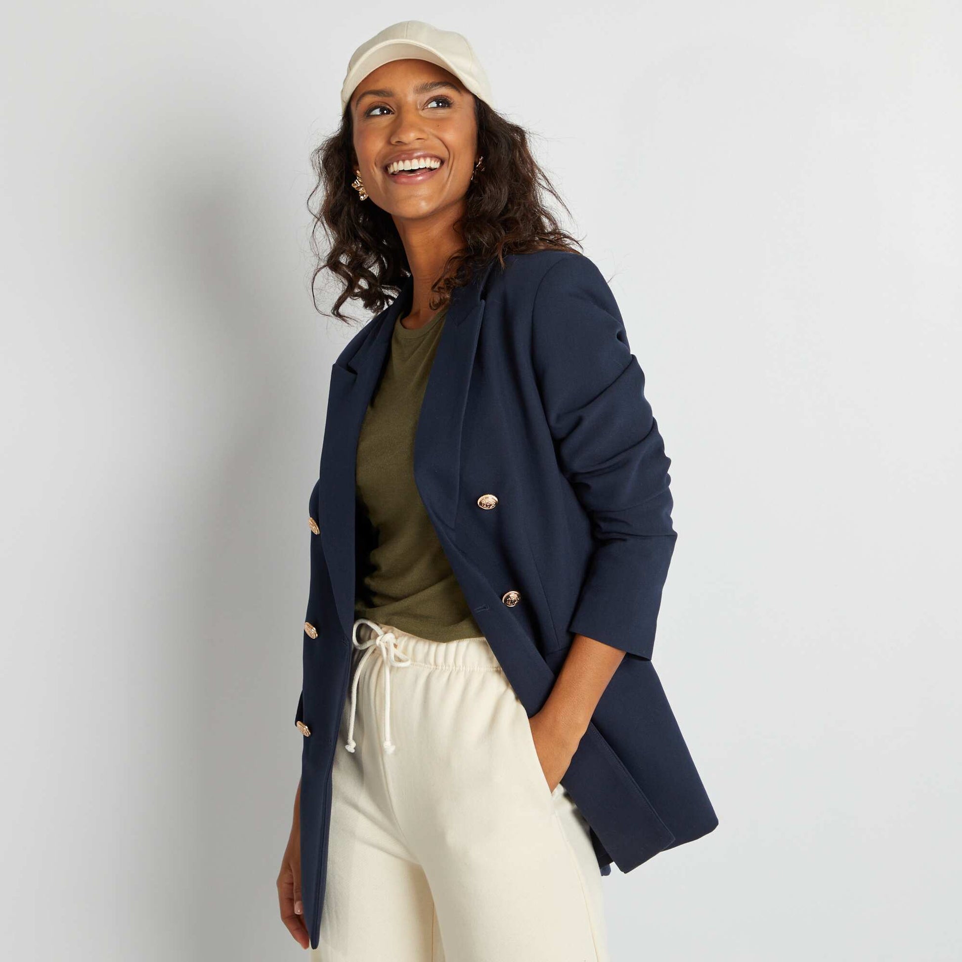 Veste tailleur mi-longue avec boutons fantaisies dorés Bleu