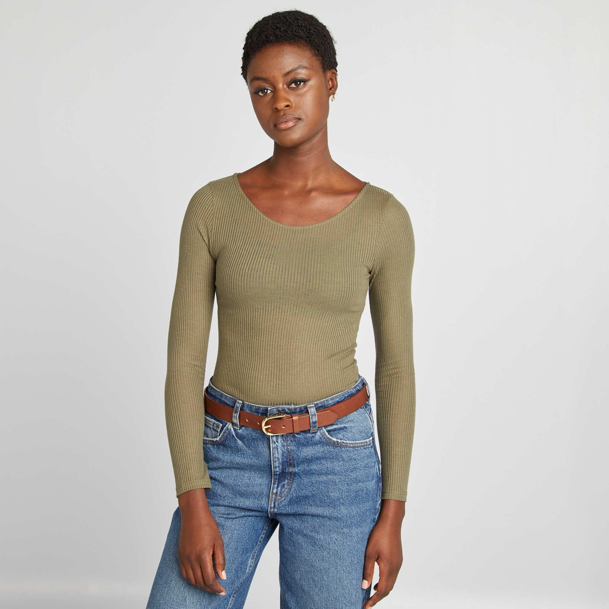 Tee-shirt cropped maille fine c tel e Kaki