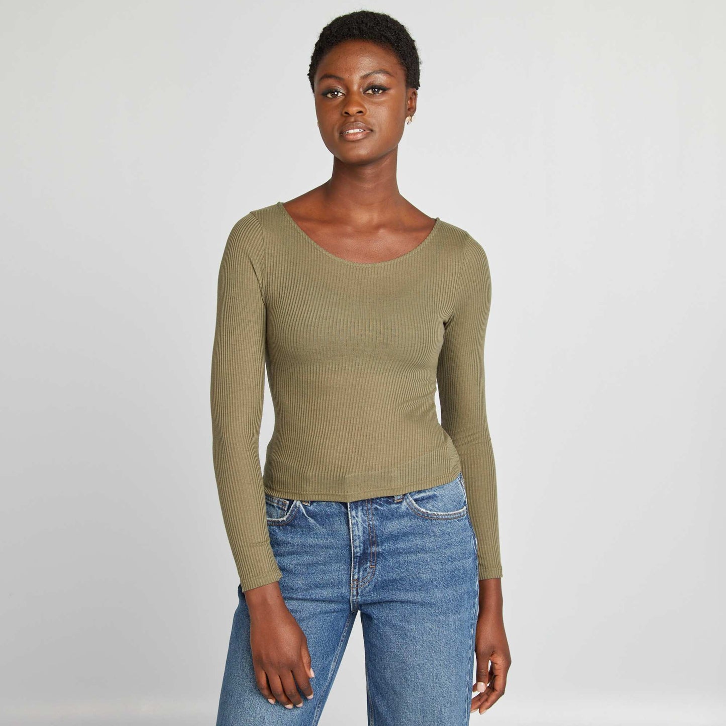 Tee-shirt cropped maille fine c tel e Kaki