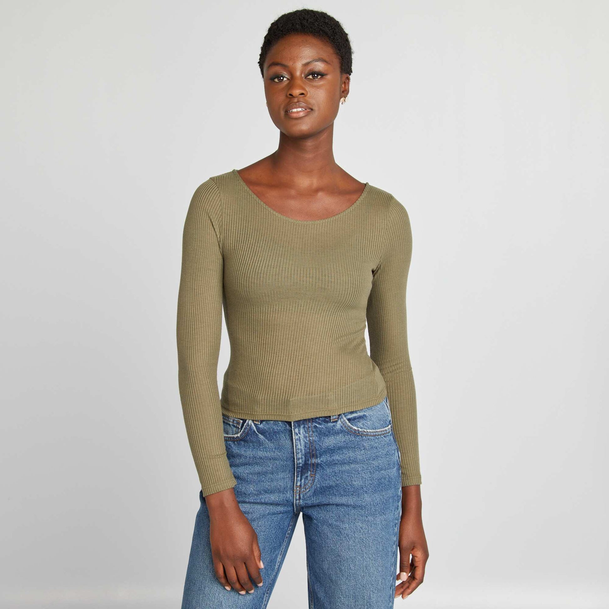 Tee-shirt cropped maille fine c tel e Kaki