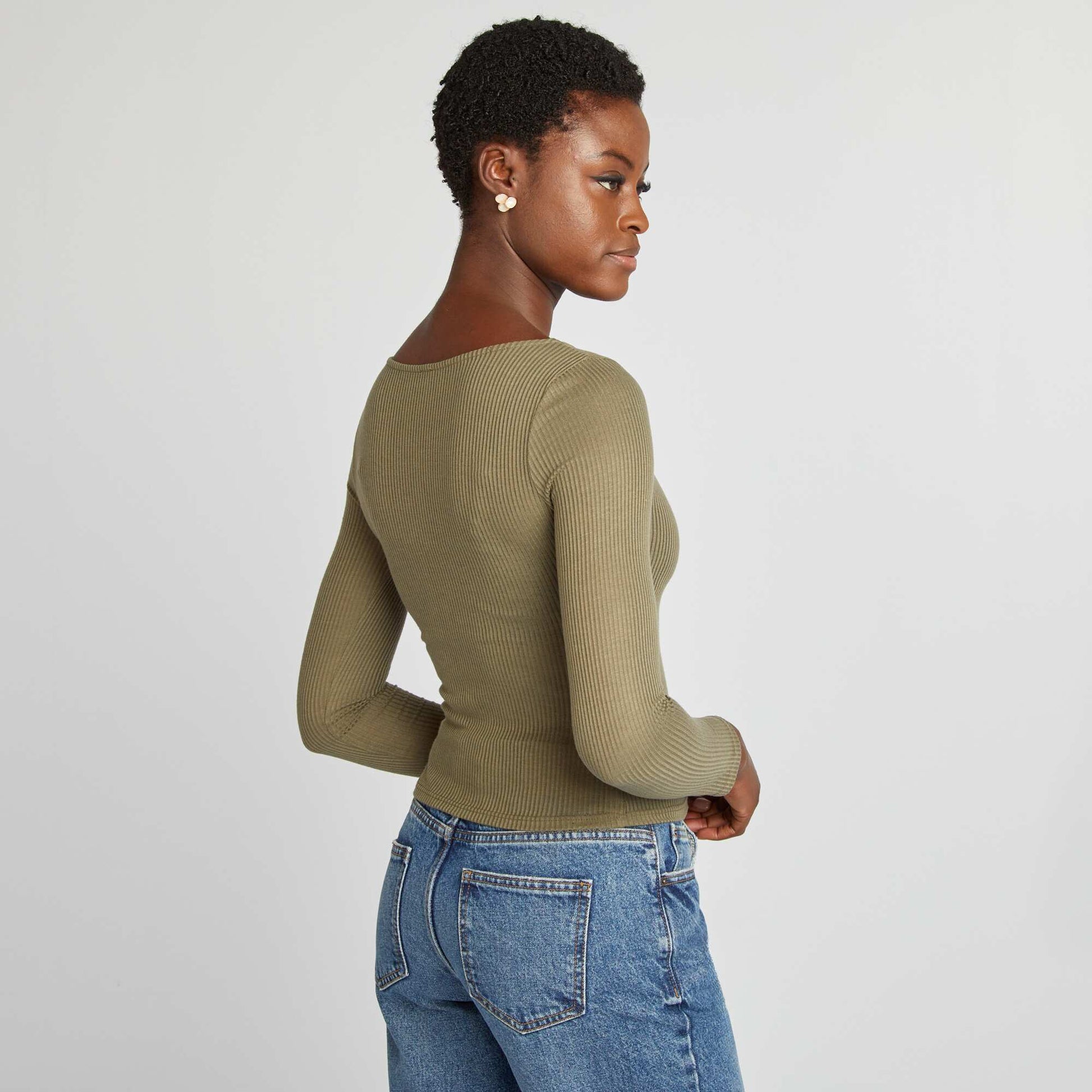 Tee-shirt cropped maille fine c tel e Kaki