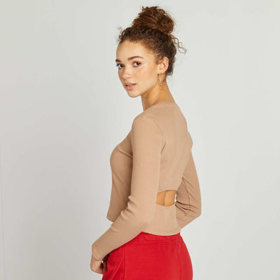 T-shirt côtelé manches longues BEIGE
