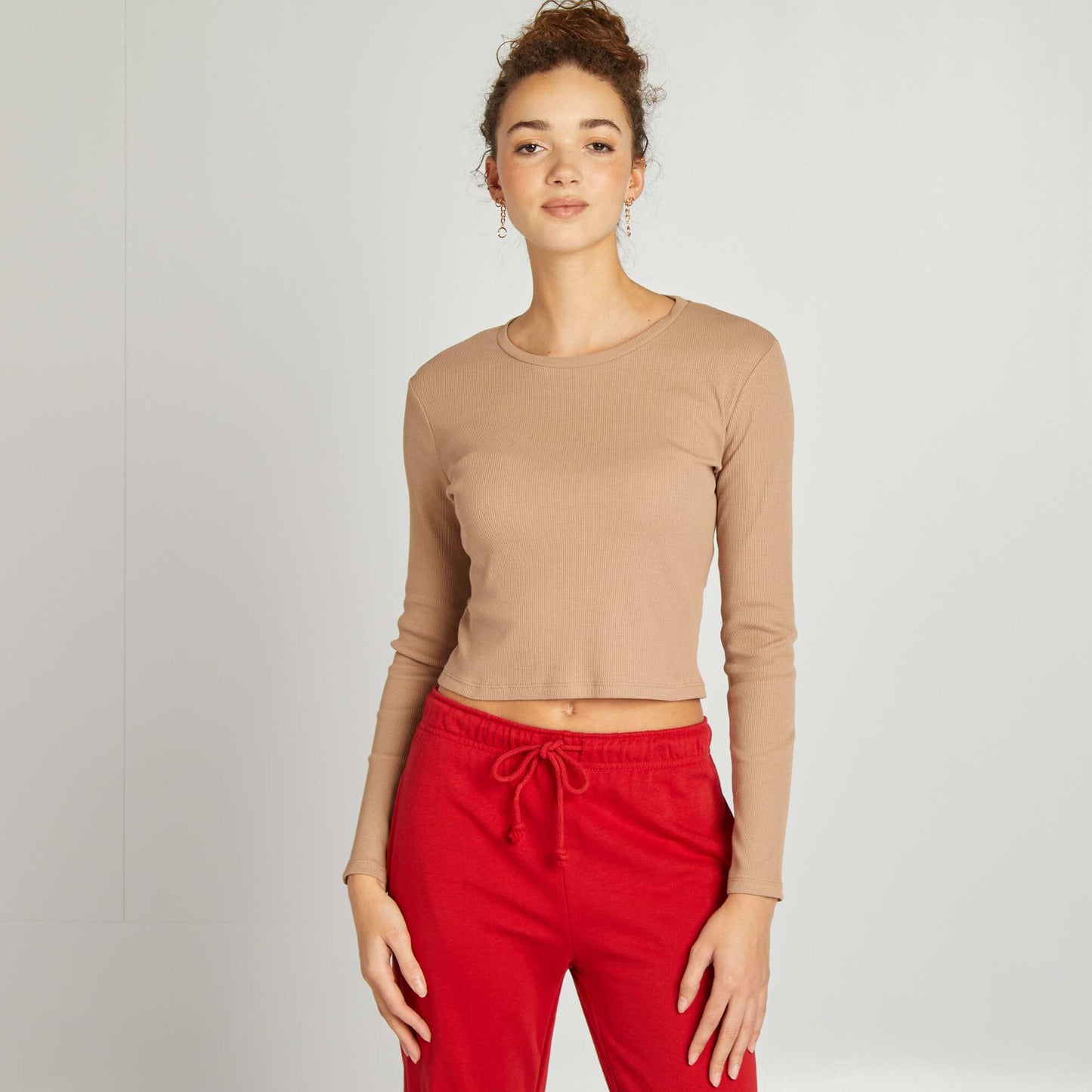 T-shirt côtelé manches longues BEIGE