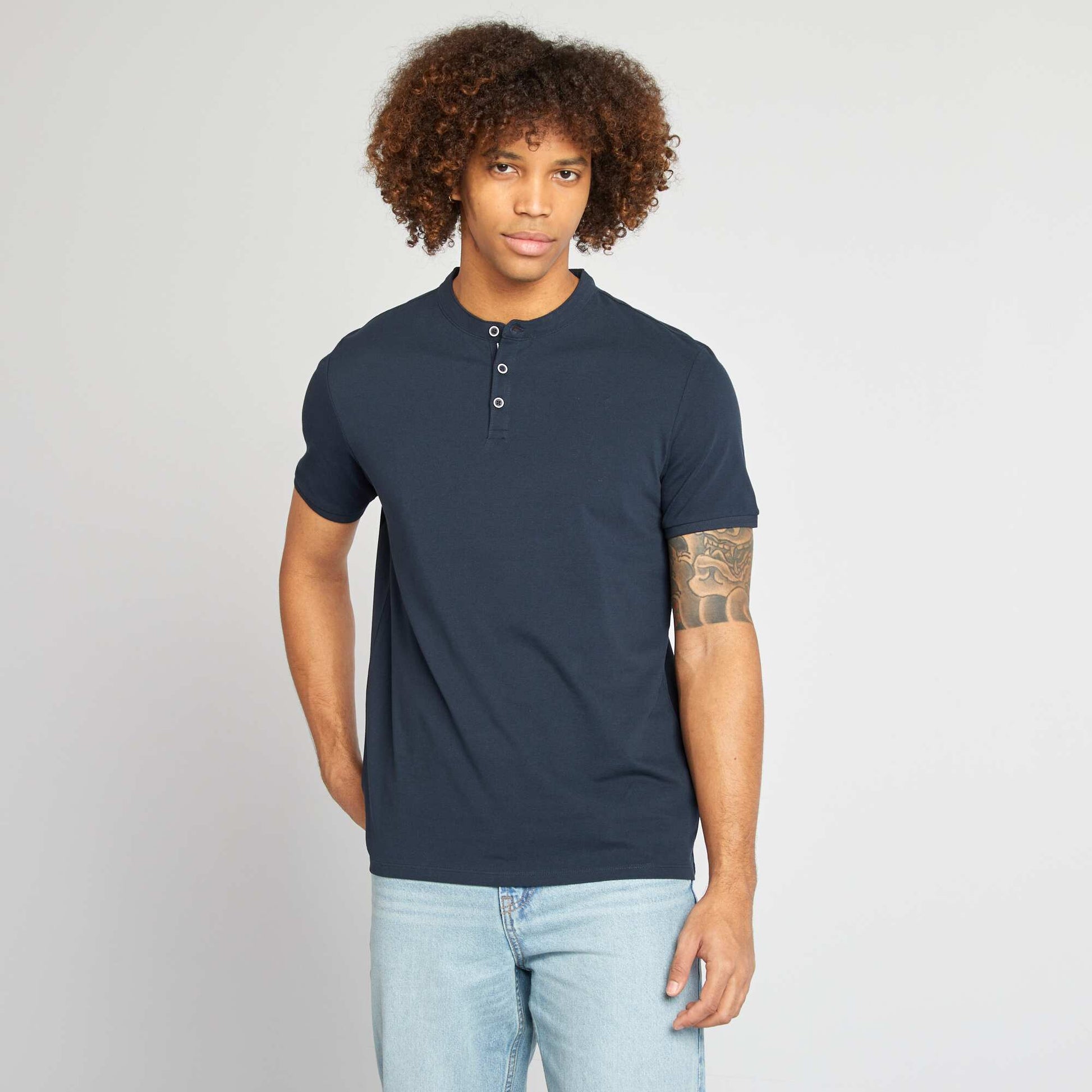 Polo piqué col mao BLEU