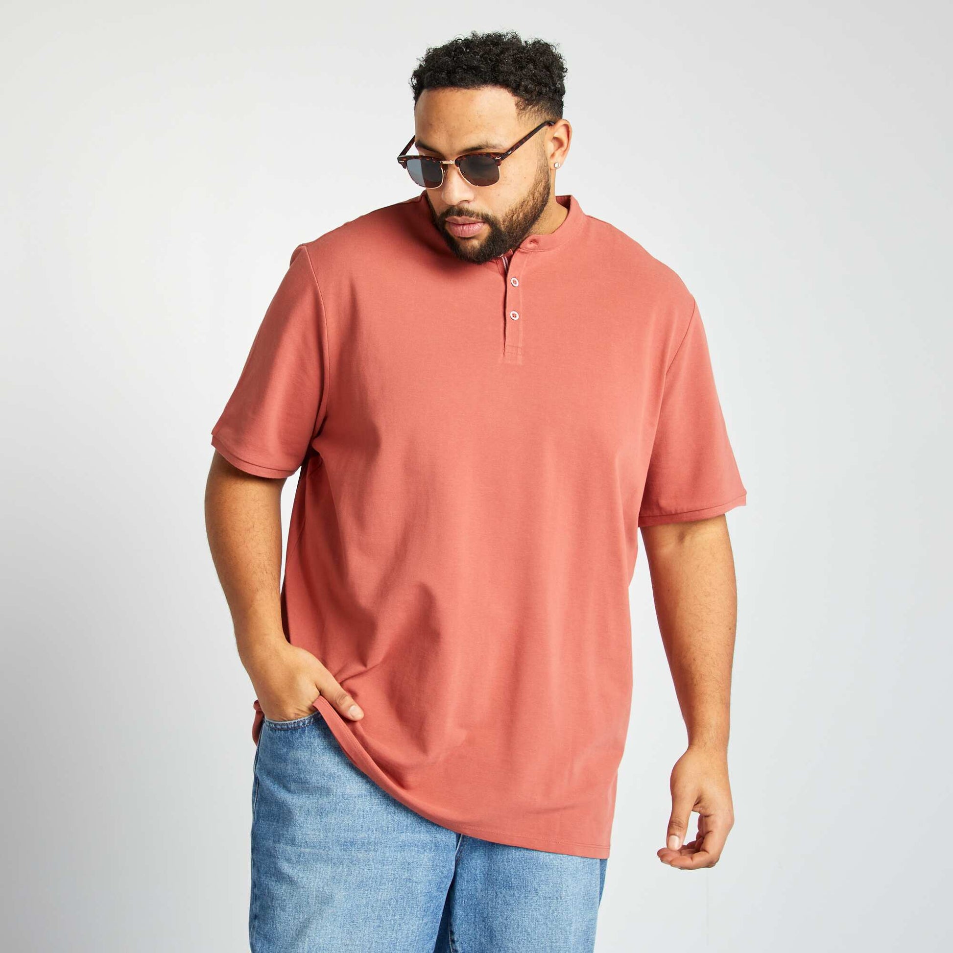 Polo en piqué de coton à col tunisien ROUGE