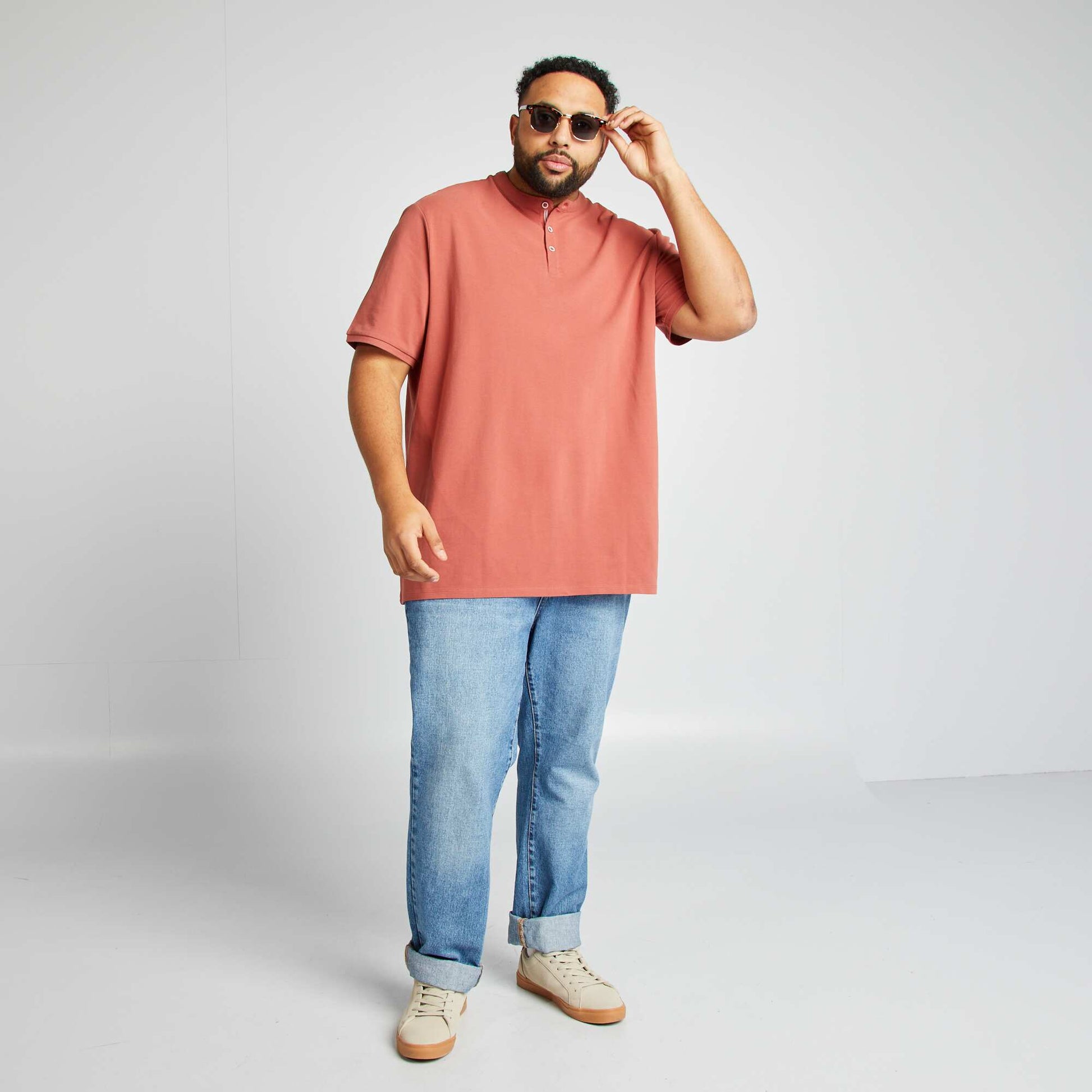 Polo en piqué de coton à col tunisien ROUGE
