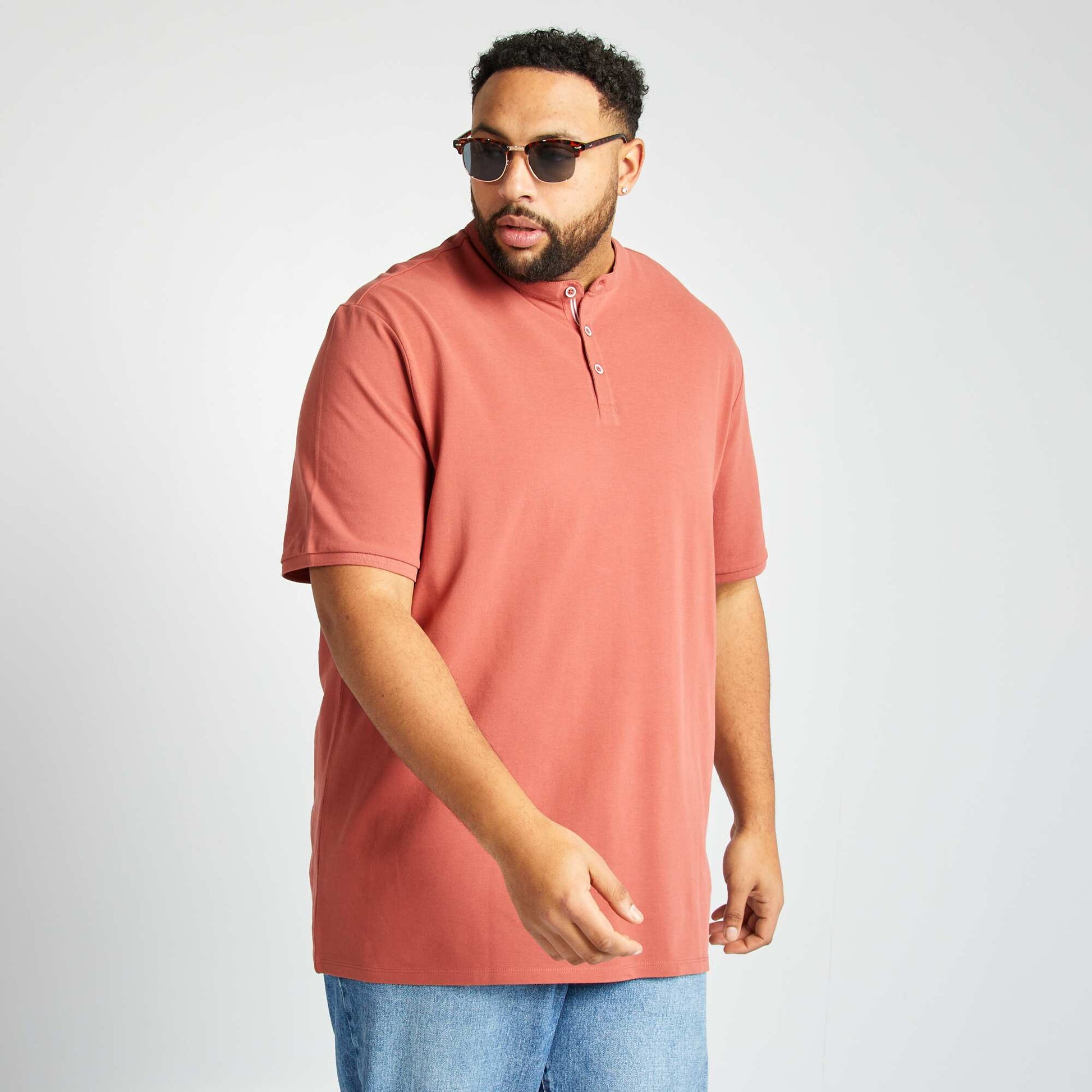 Polo en piqué de coton à col tunisien ROUGE