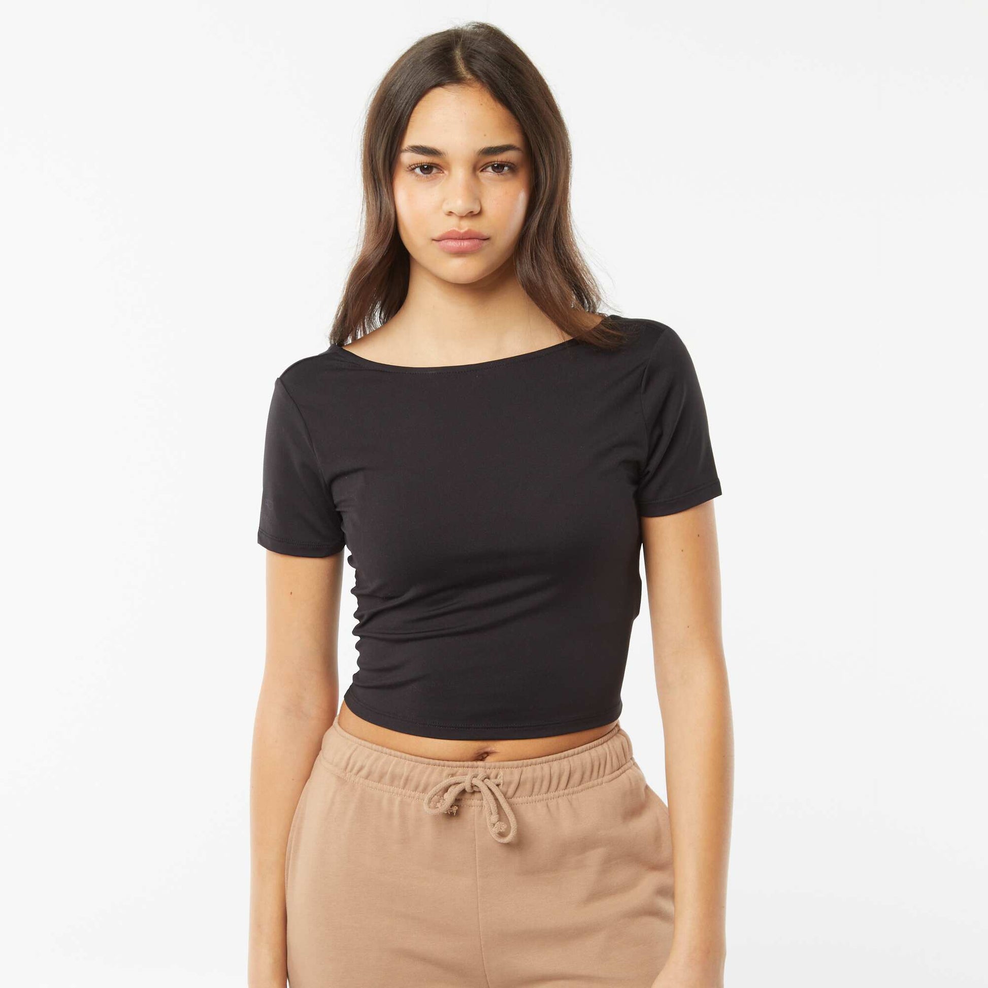 T-shirt cropped en maille stretch et avec dos nu NOIR