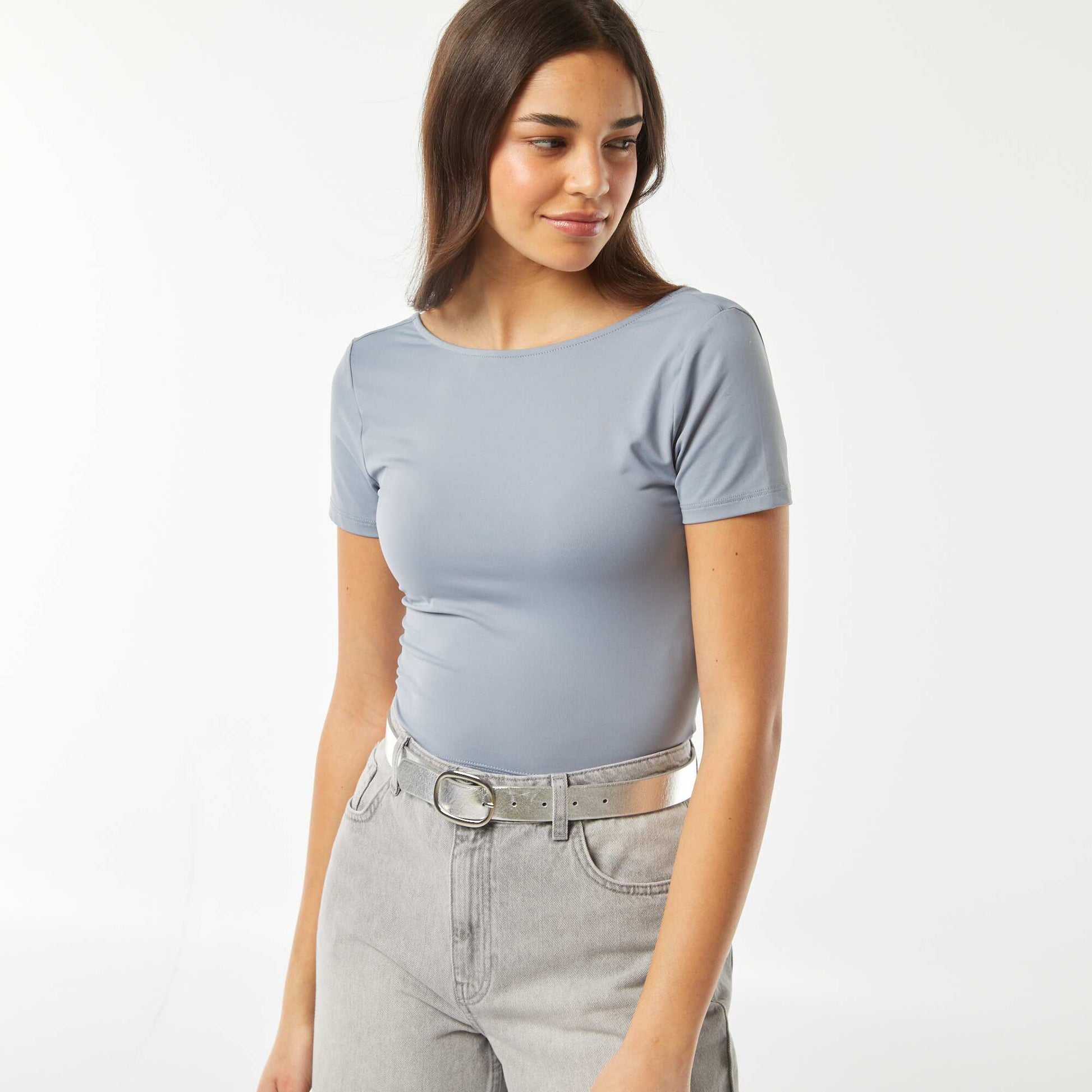 T-shirt cropped en maille stretch et avec dos nu BLEU