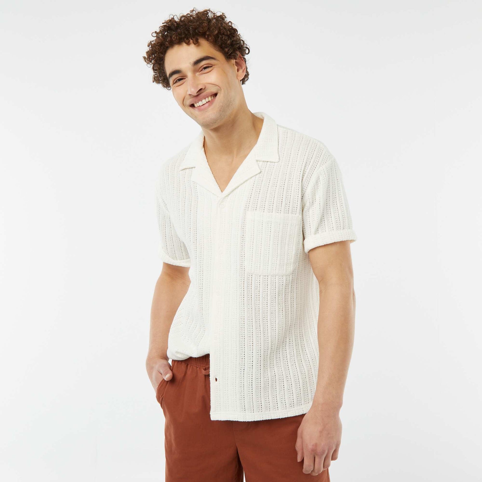 Chemise manches courtes en matière ajourée BLANC
