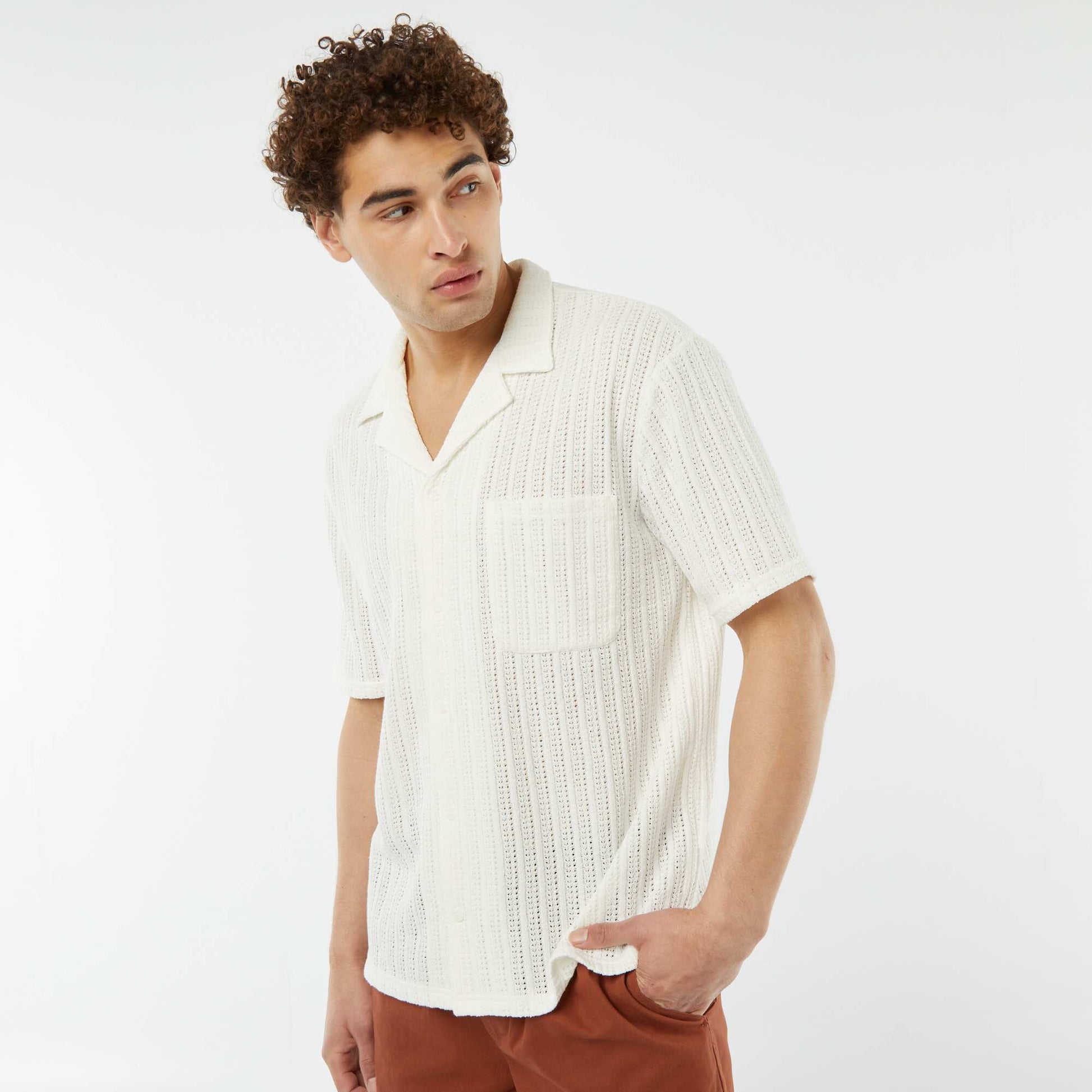 Chemise manches courtes en matière ajourée BLANC