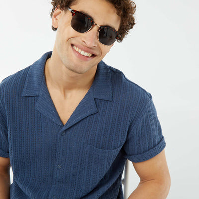 Chemise manches courtes en matière ajourée BLEU
