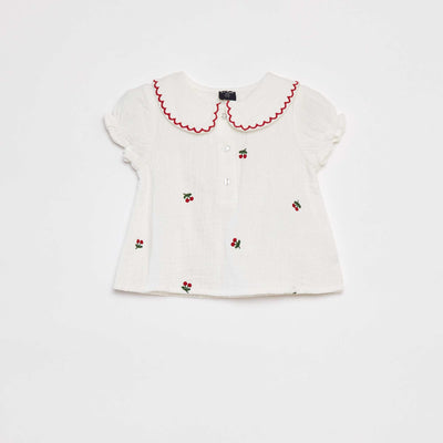 Blouse en gaze de coton avec col fantaisie BLANC