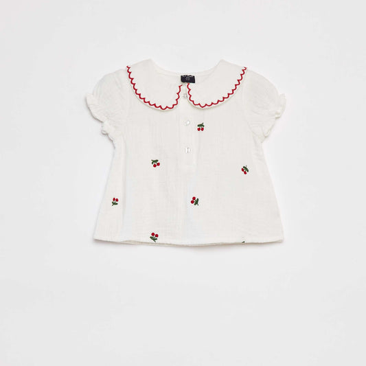 Blouse en gaze de coton avec col fantaisie BLANC