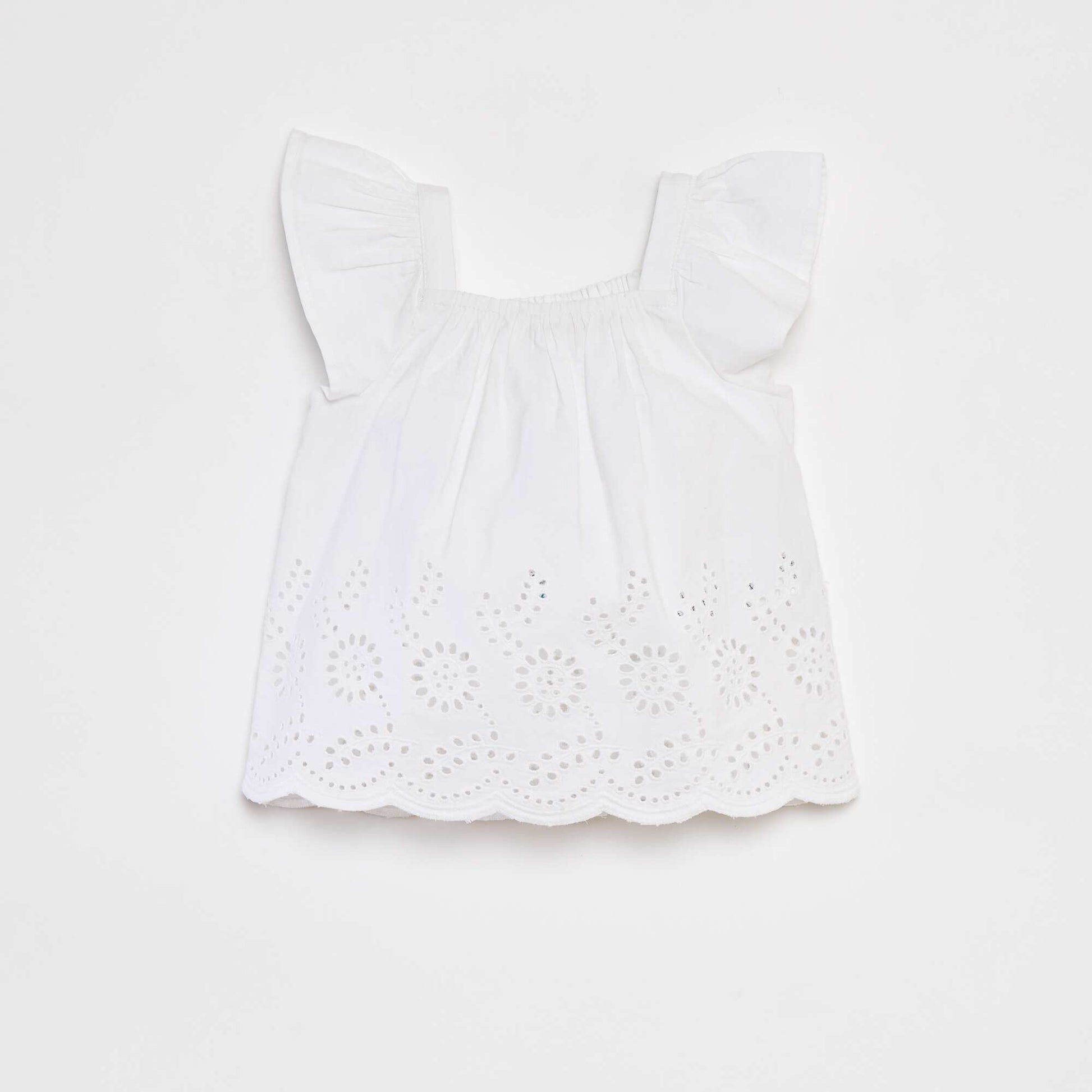 Blouse légère avec bretelles volantées et broderies BLANC