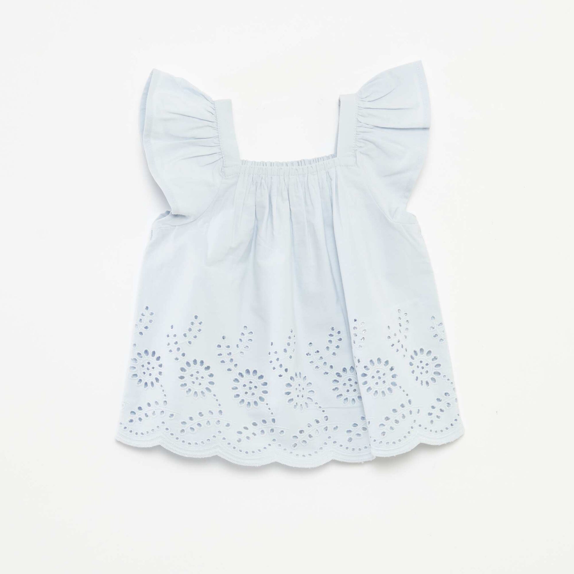 Blouse légère avec bretelles volantées et broderies BLEU