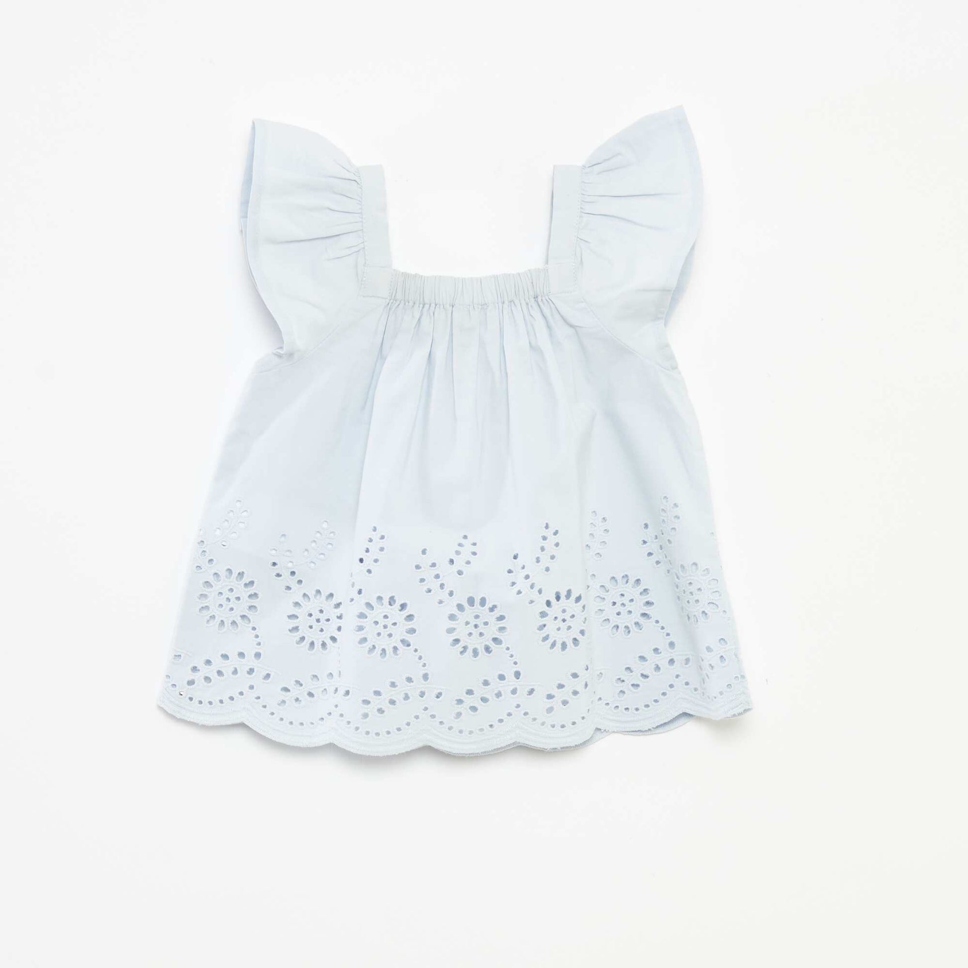 Blouse légère avec bretelles volantées et broderies BLEU