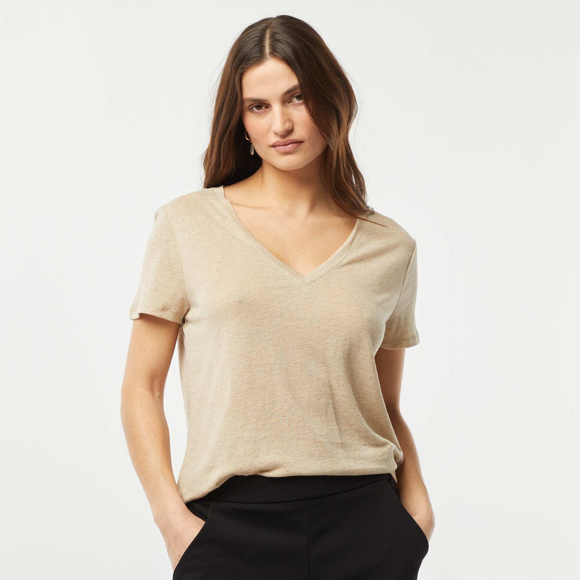 T-shirt basique col V en lin mélangé BEIGE