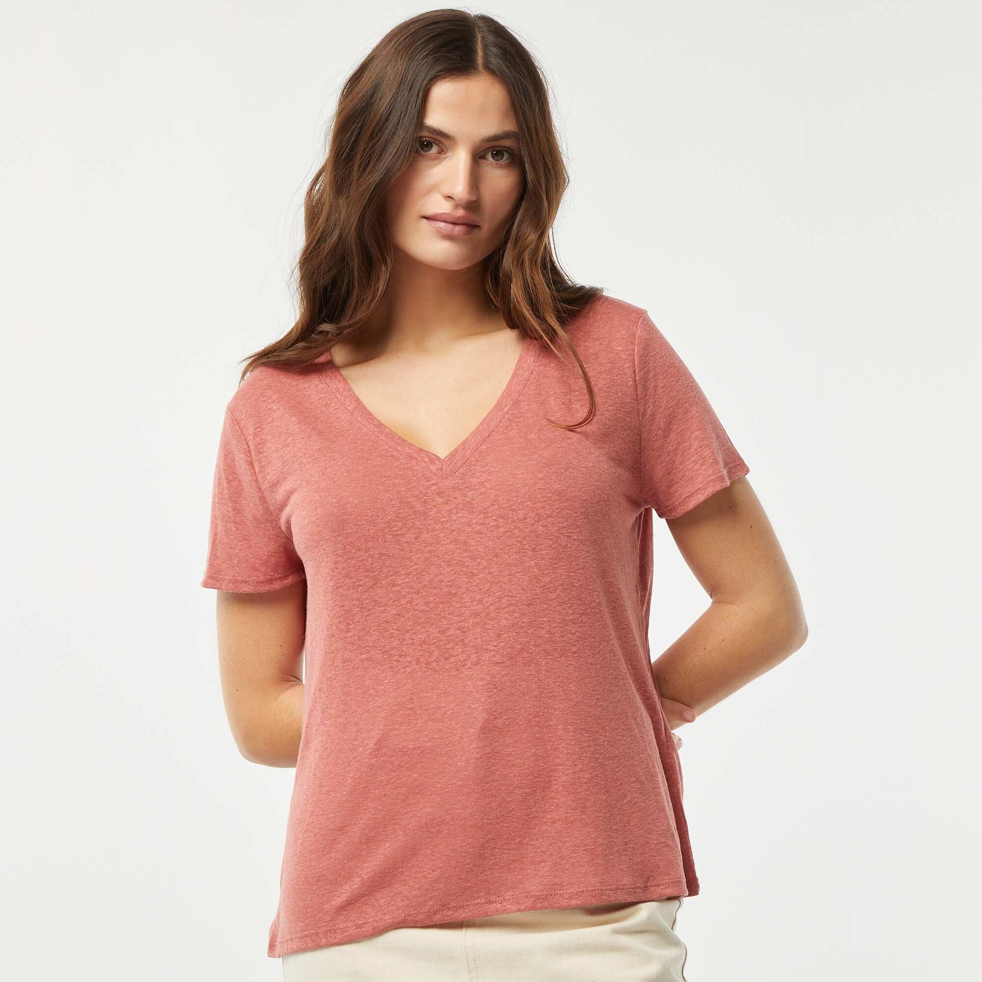 T-shirt basique col V en lin mélangé ROSE