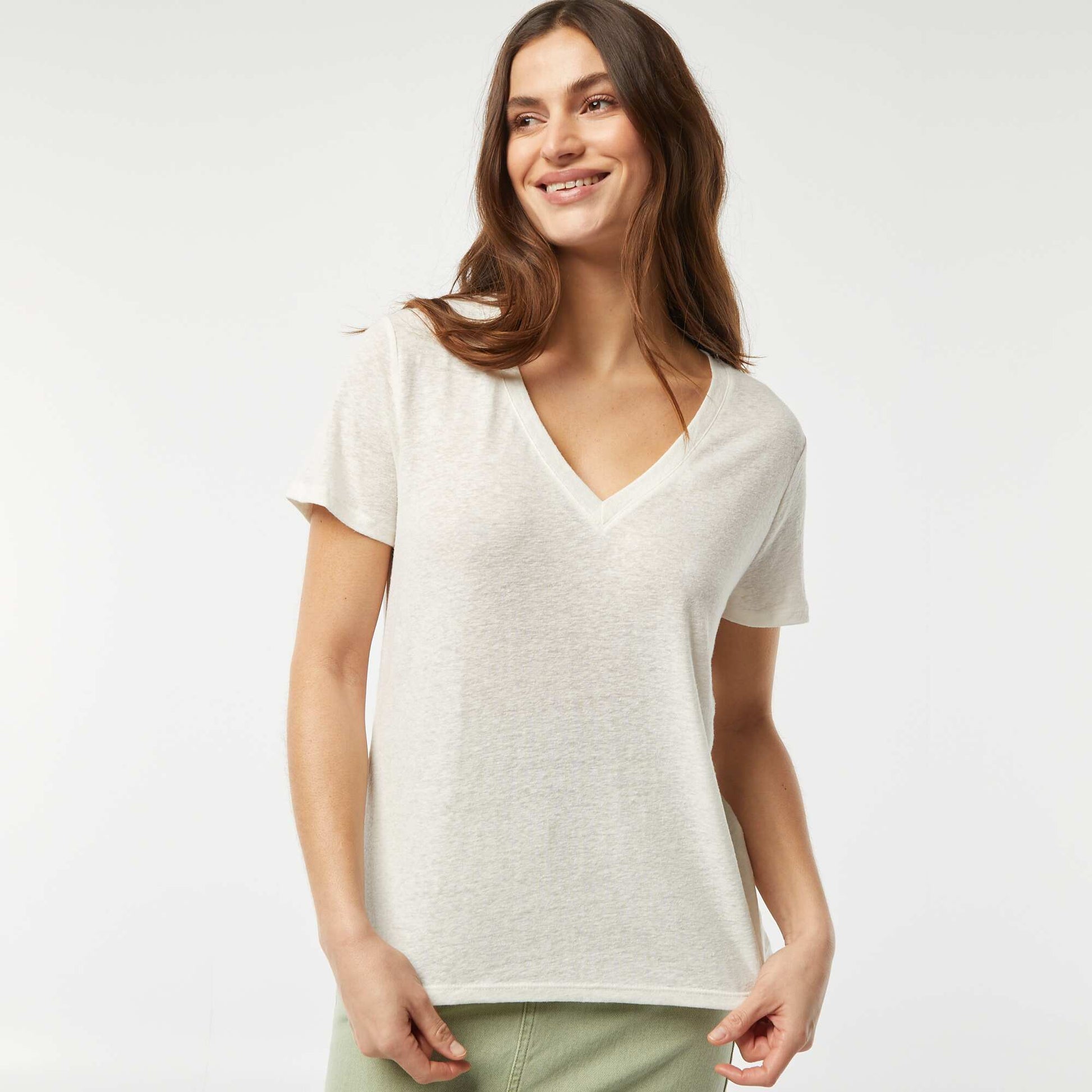 T-shirt basique col V en lin mélangé BLANC