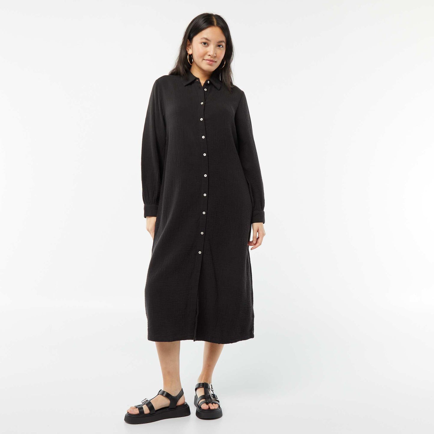 Robe chemise longue en double gaze de coton NOIR