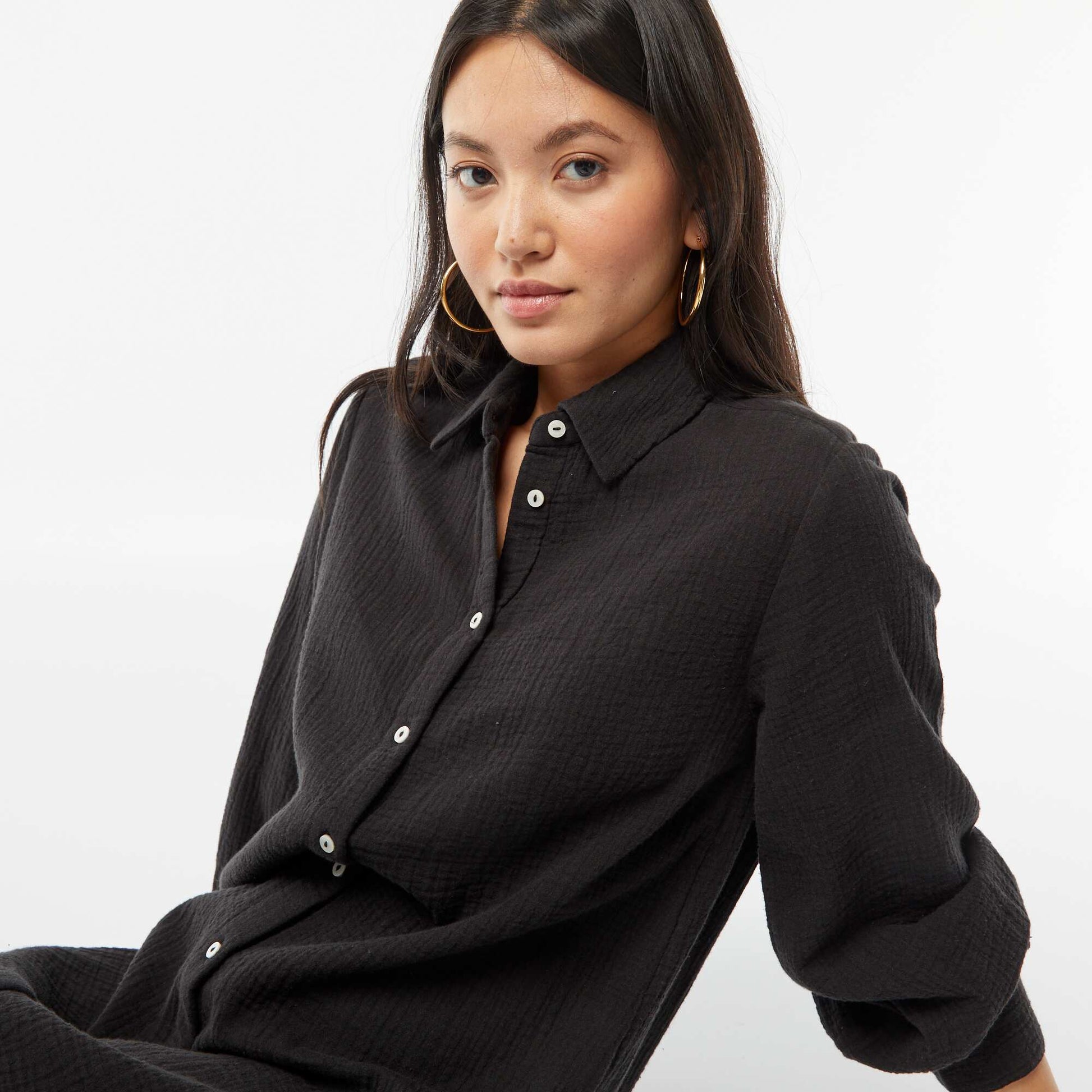 Robe chemise longue en double gaze de coton NOIR