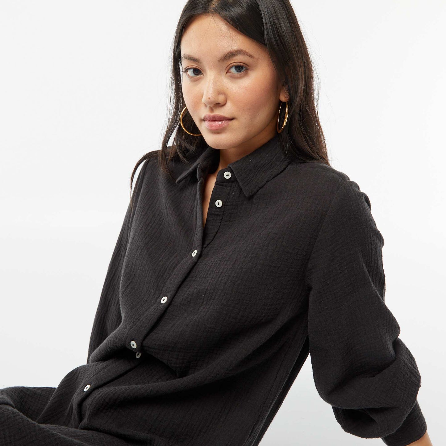 Robe chemise longue en double gaze de coton NOIR