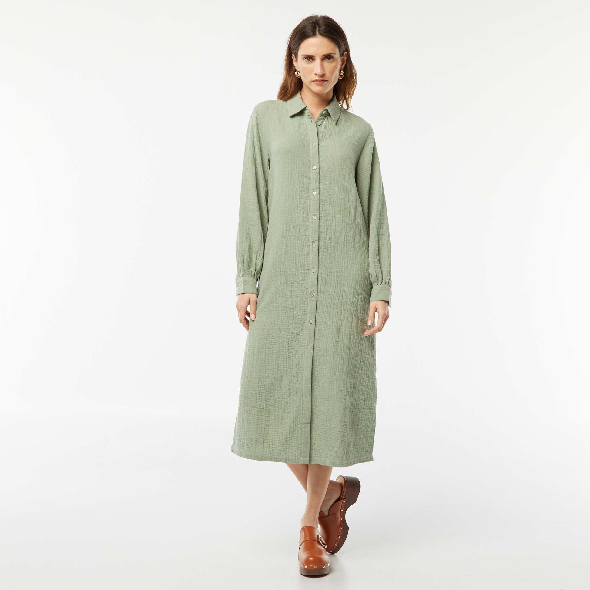 Robe chemise longue en double gaze de coton BLEU