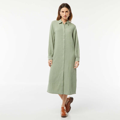 Robe chemise longue en double gaze de coton BLEU