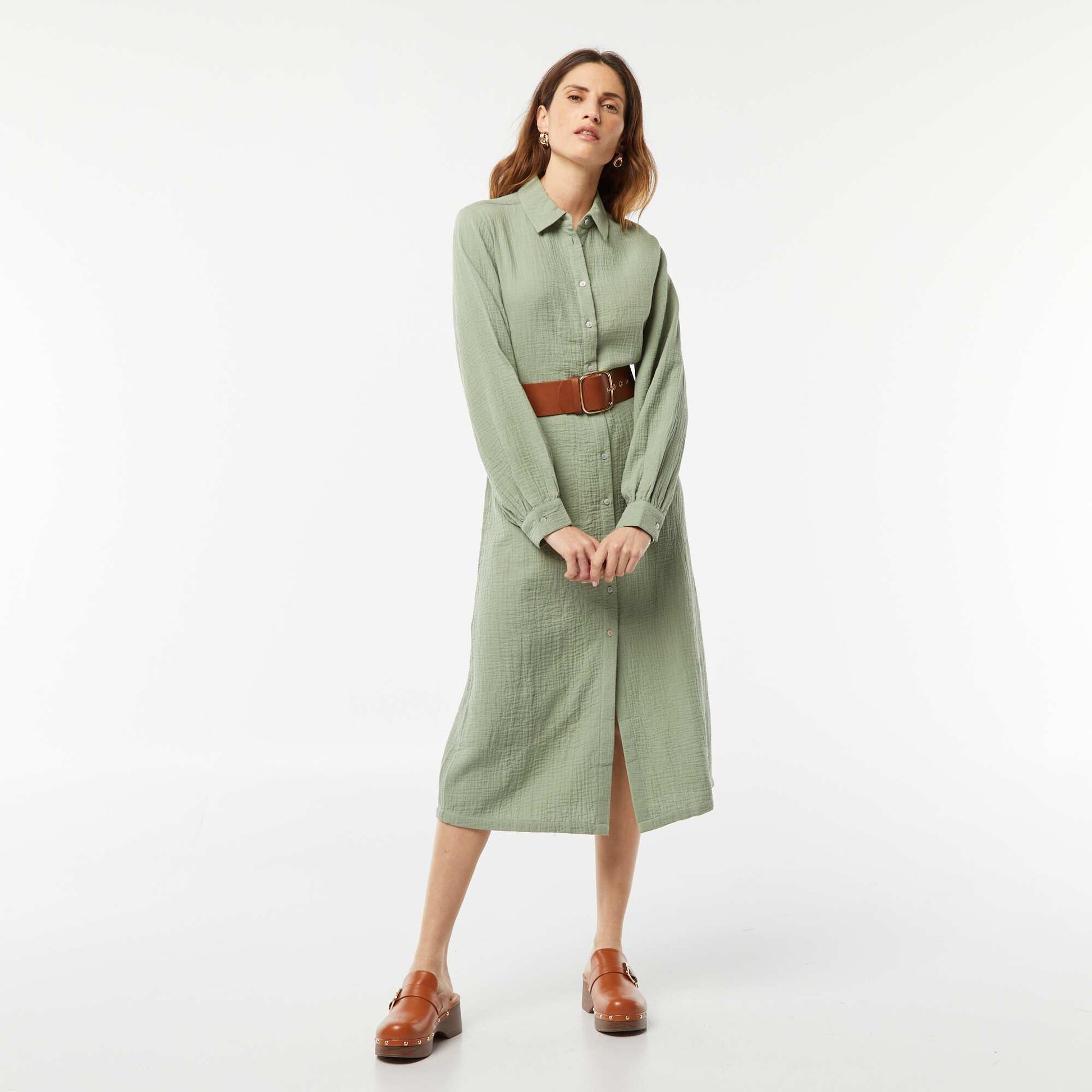 Robe chemise longue en double gaze de coton BLEU
