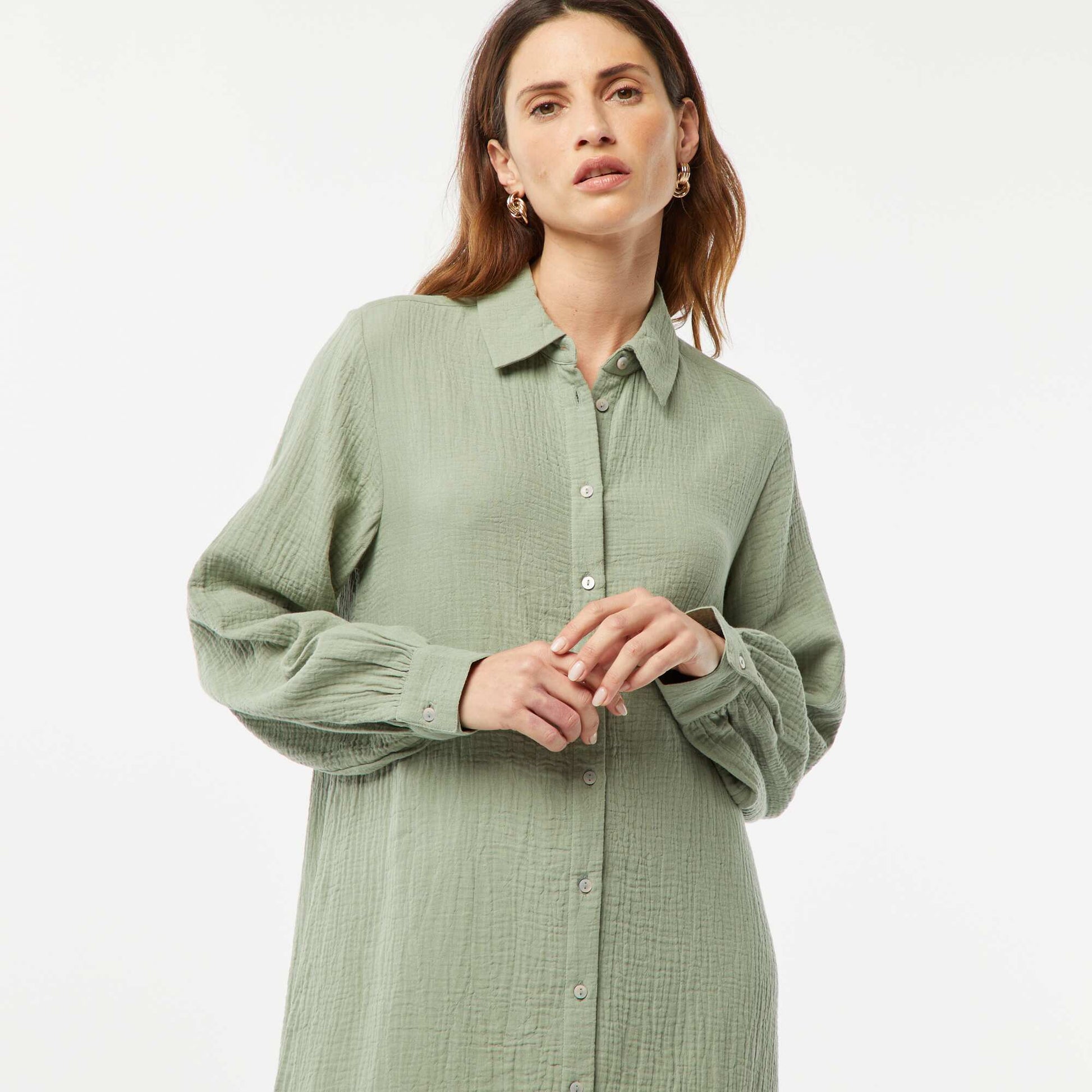 Robe chemise longue en double gaze de coton BLEU