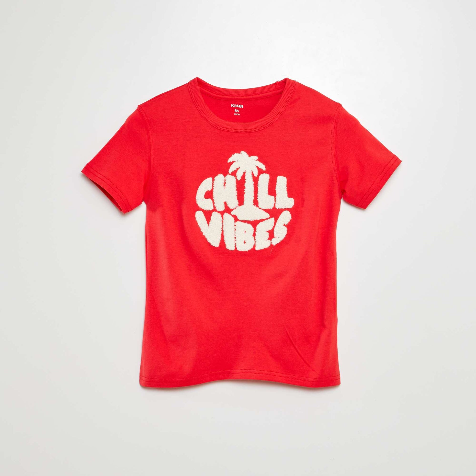 T-shirt en jersey avec inscription en maille bouclette ROUGE