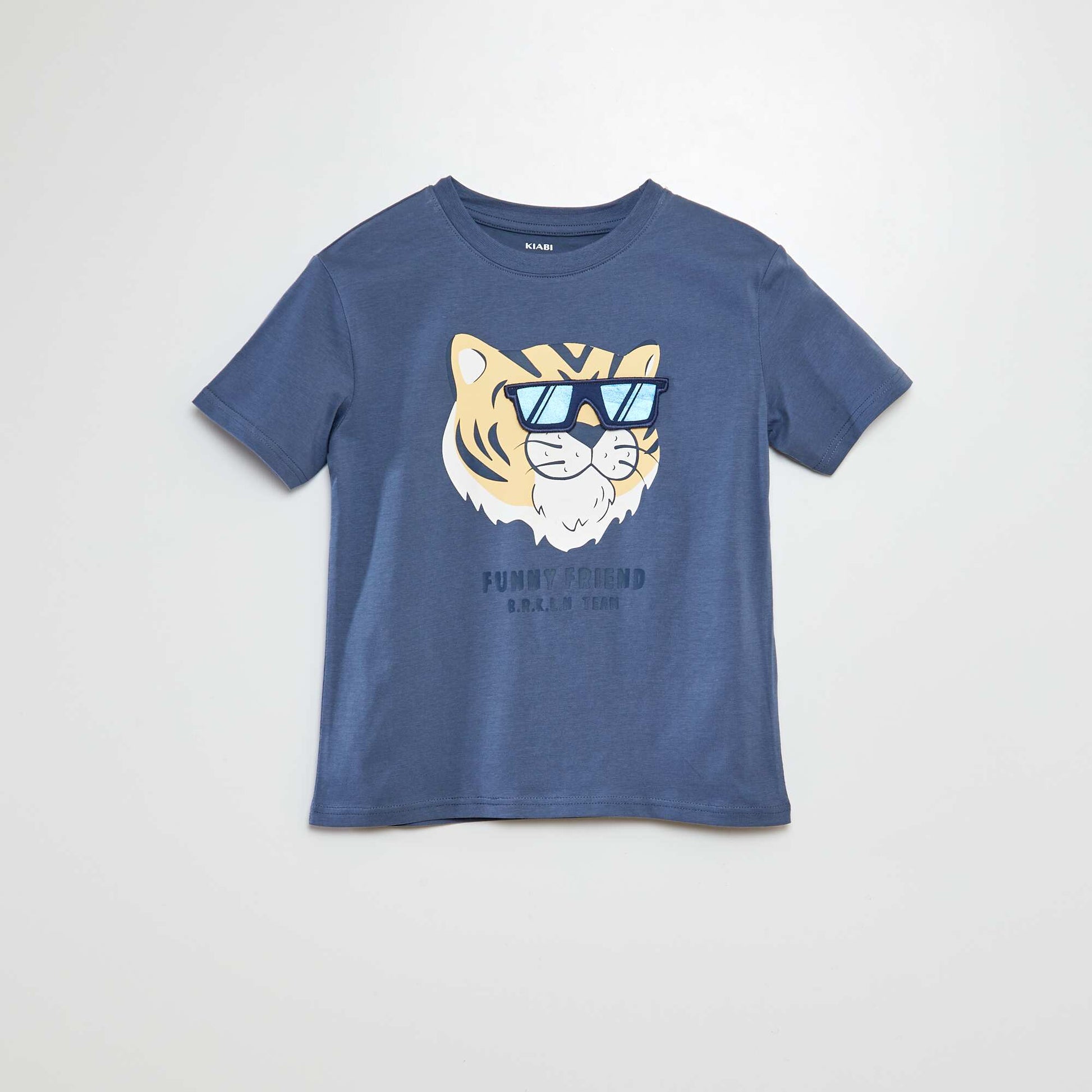 T-shirt à manches courtes et col rond avec imprimé en relief BLEU