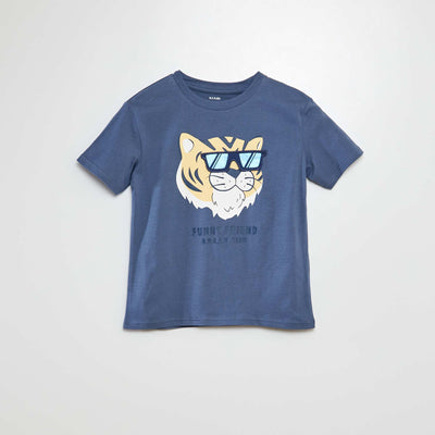 T-shirt à manches courtes et col rond avec imprimé en relief BLEU