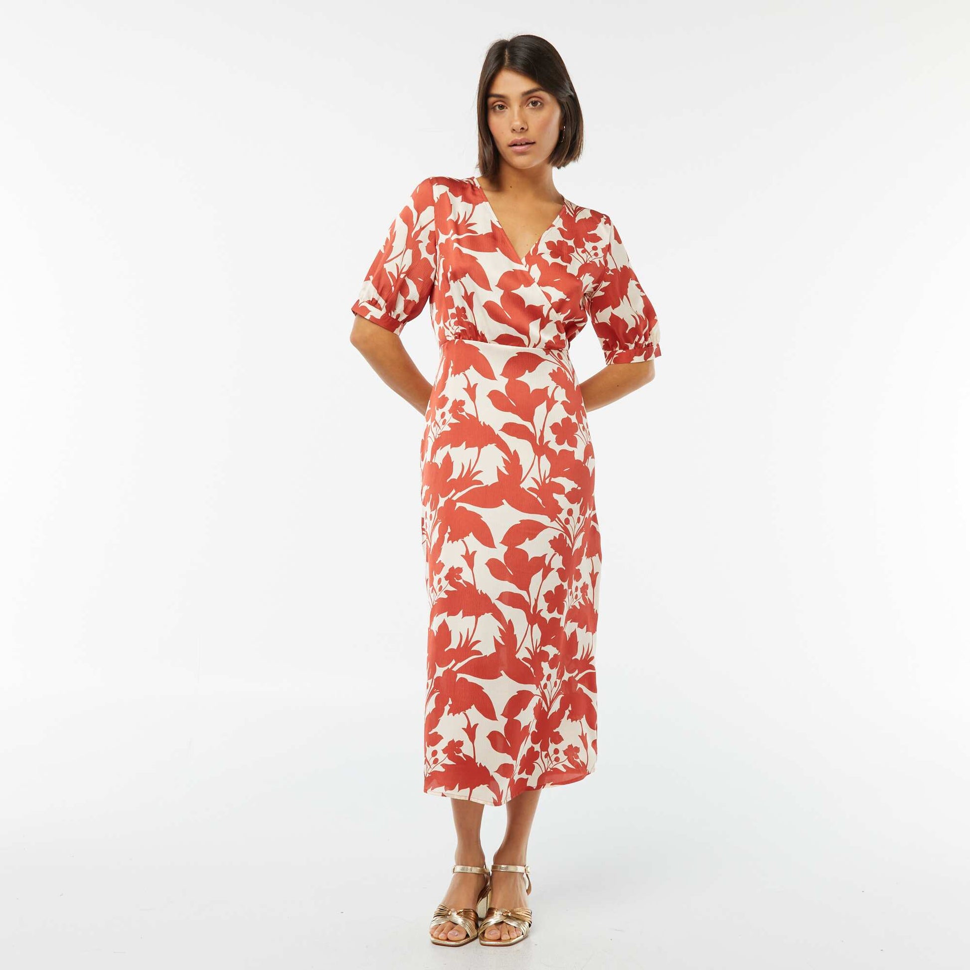 Robe midi à motif avec col croisé ROUGE
