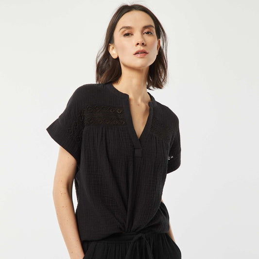 Blouse en gaze de coton avec broderies NOIR