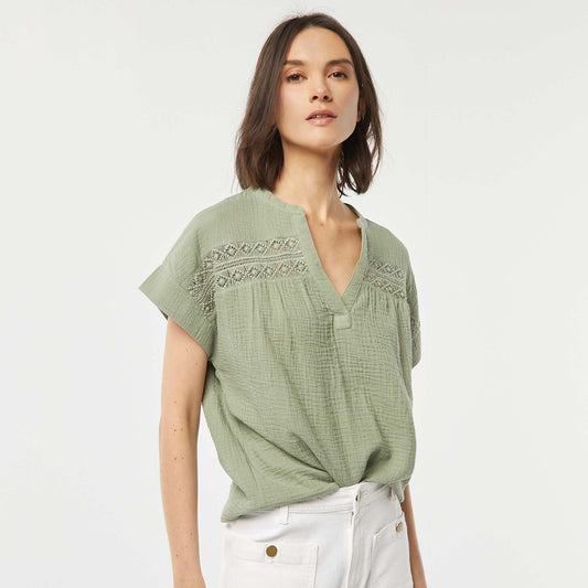 Blouse en gaze de coton avec broderies BLEU