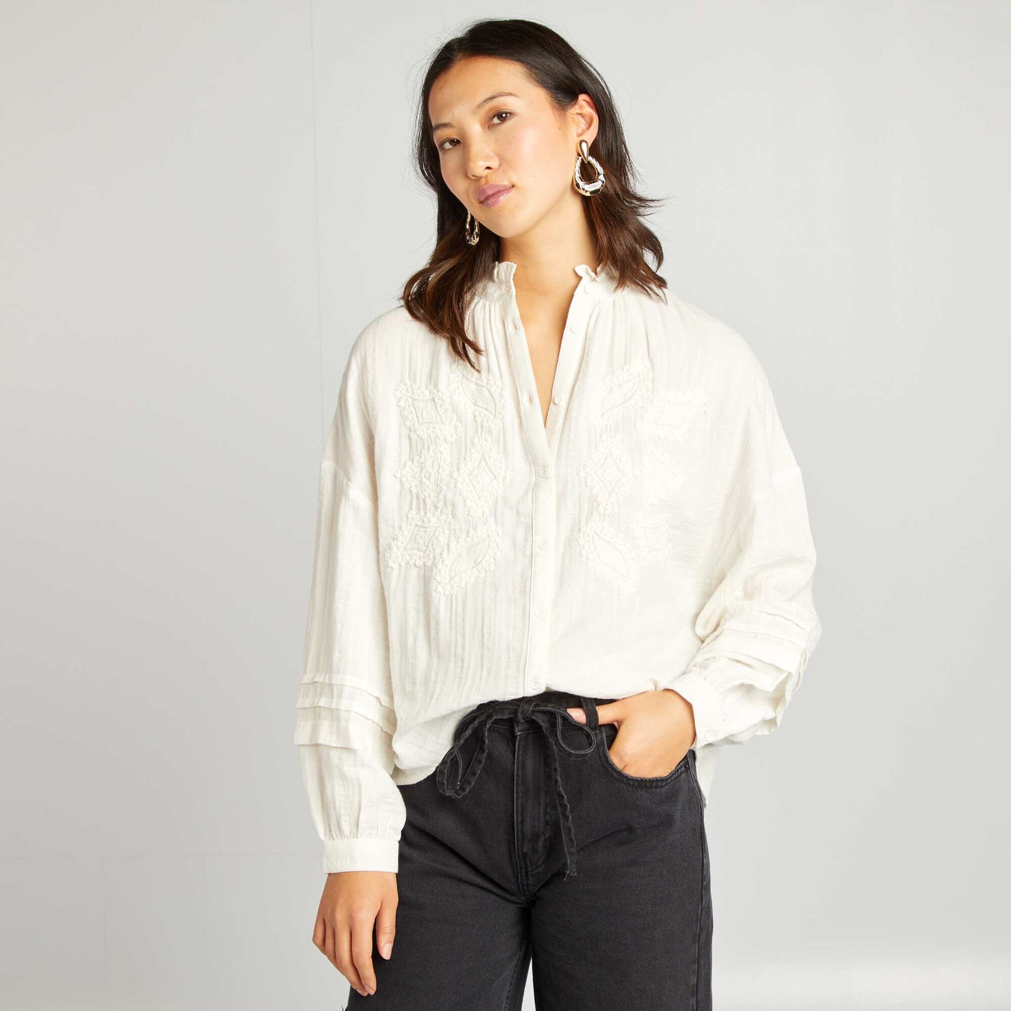 Chemise en gaze de coton brodée Beige