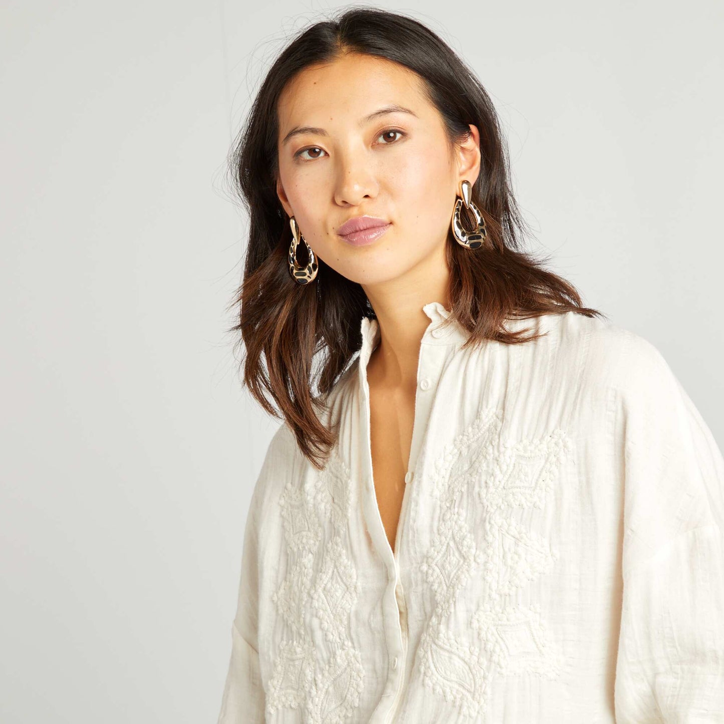 Chemise en gaze de coton brodée Beige