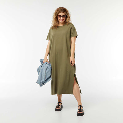 Robe t-shirt longue à manches courtes unie KAKI