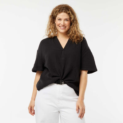 Blouse à manches courtes en gaze de coton NOIR