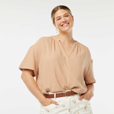 Blouse à manches courtes en gaze de coton BEIGE