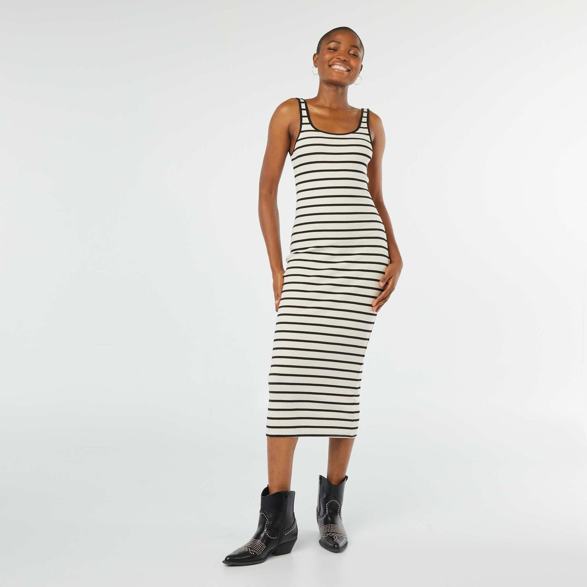 Robe midi côtelée sans manches BLANC RAYé
